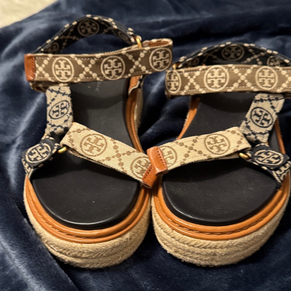 Tory Burch Black and Tan Logo Sandals